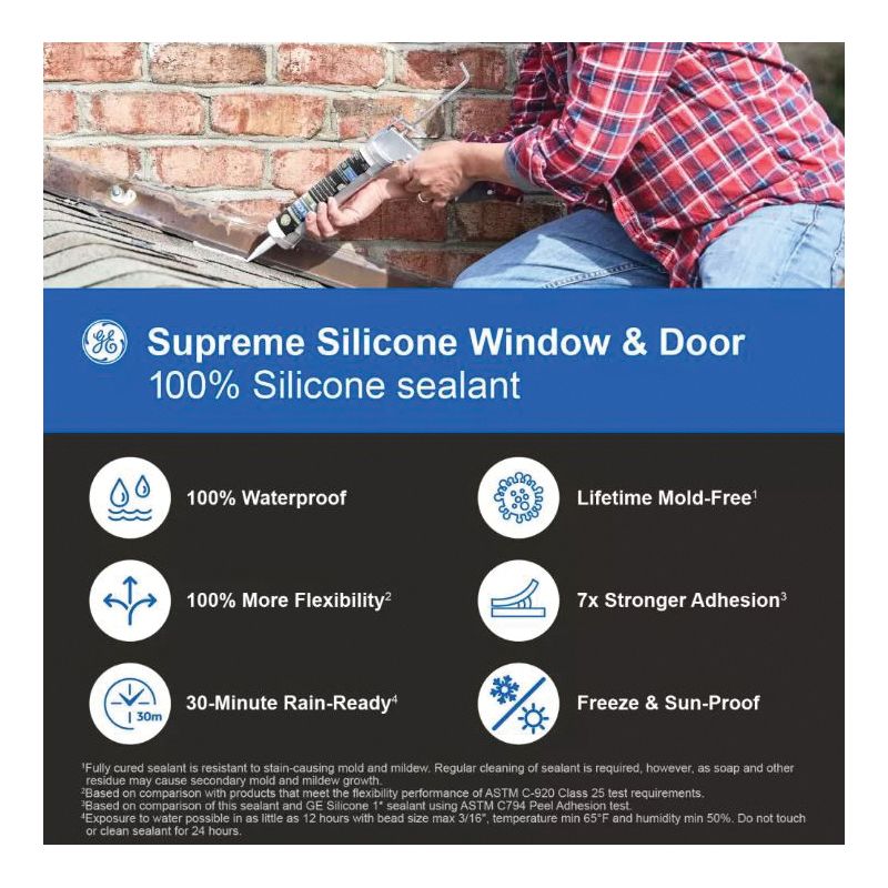 GE Supreme Silicone 2814819 Window &amp; Door Sealant, White, 24 hr Curing, 10.1 fl-oz Cartridge White