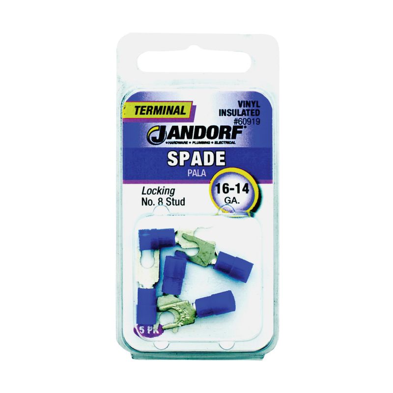 Jandorf 60919 Spade Terminal, 600 V, 16 to 14 AWG Wire, #8 Stud, Vinyl Insulation, Copper Contact, Blue Blue