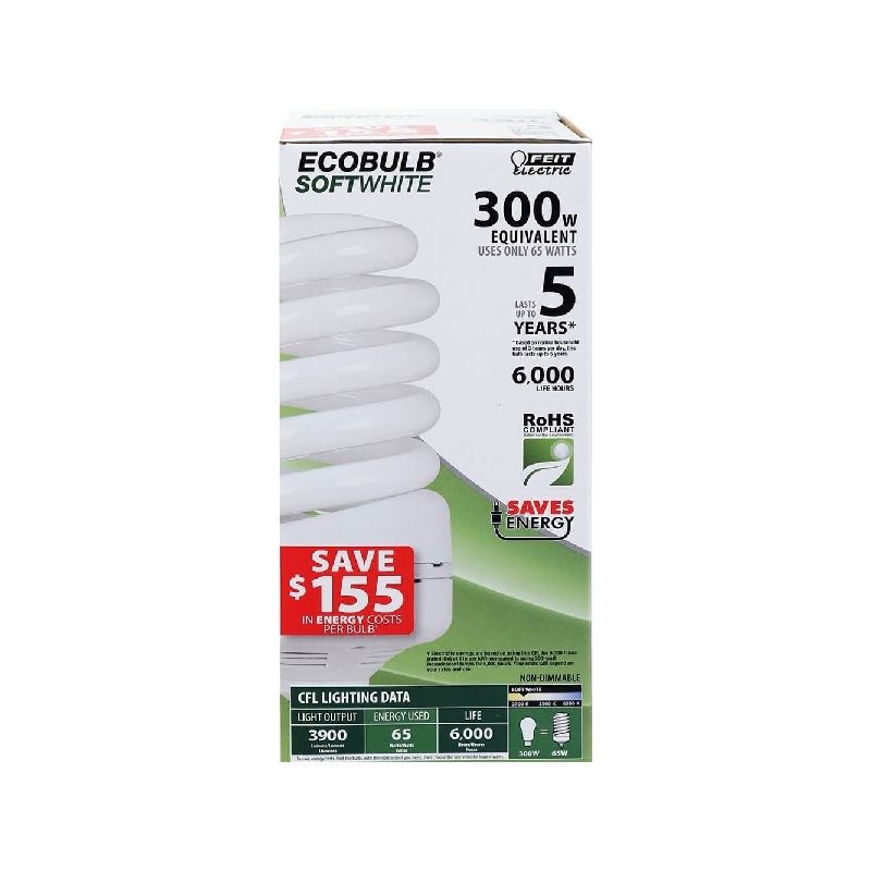 Feit Electric ESL65TN/CAN Compact Fluorescent Bulb, 65 W, Spiral Lamp, Medium E26 Lamp Base, 3900 Lumens