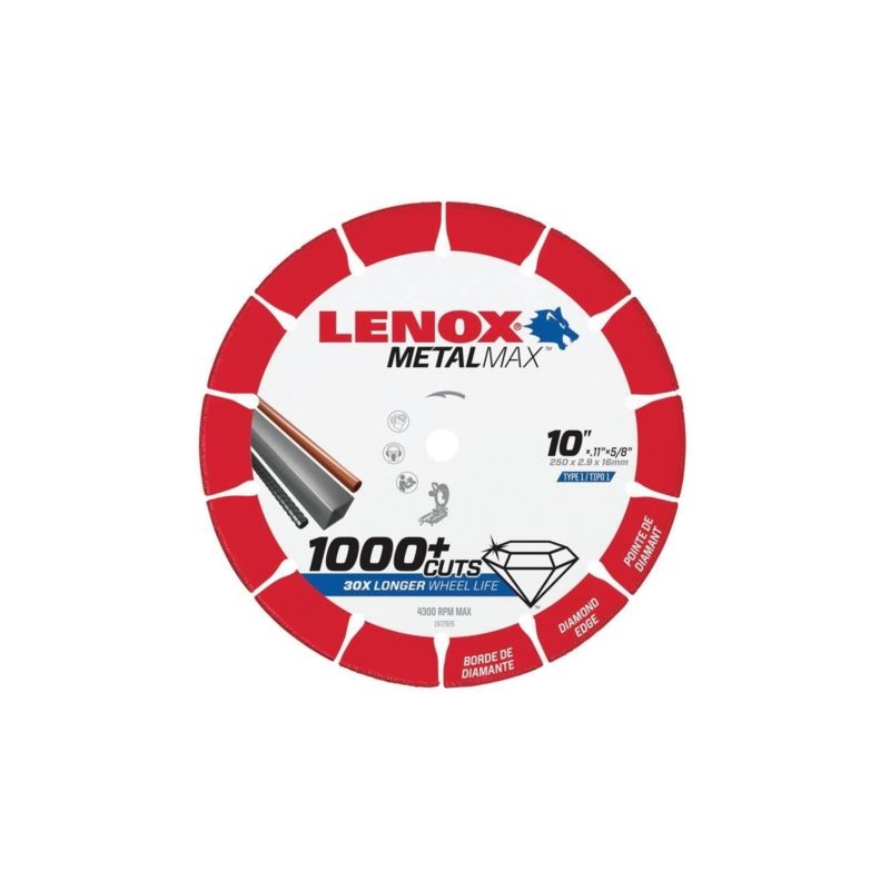 Lenox MetalMax 1972926 Cut-Off Wheel, 10 in Dia, 0.1 in Thick, 5/8 in Arbor, 25, 30 Grit, Diamond Abrasive