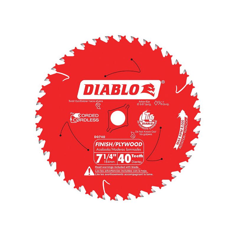 Diablo D0740A Circular Saw Blade, 7-1/4 in Dia, 5/8 in Arbor, 40-Teeth, Carbide Cutting Edge