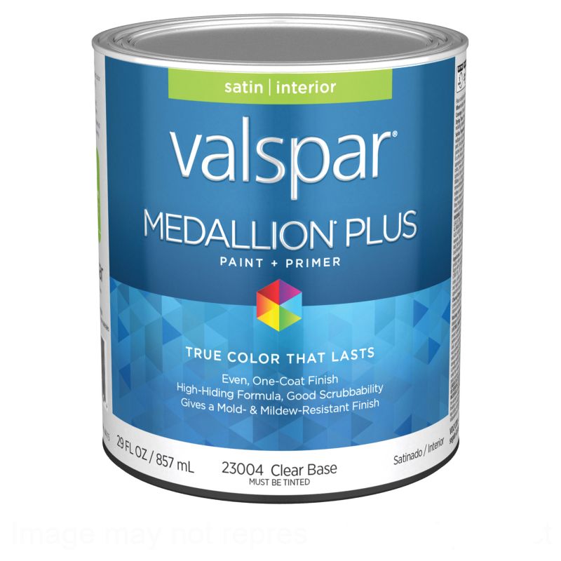 Valspar Medallion Plus 2300 05 Latex Paint, Acrylic Base, Satin Sheen, Clear Base, 1 qt, Plastic Can Clear Base