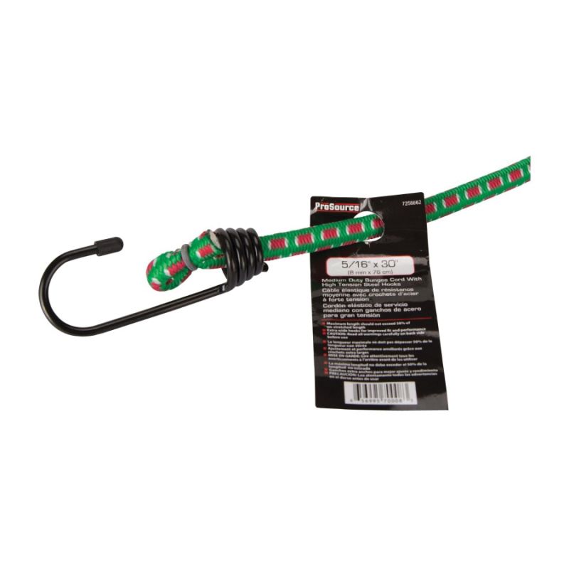 ProSource Stretch Cord, 8 mm Dia, 30 in L, Polypropylene, Green, Hook End Green