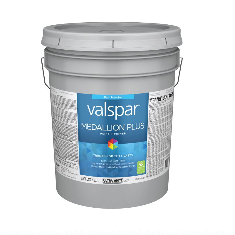 Valspar Medallion Plus 2100 08 Latex Paint, Acrylic Base, Flat Sheen, Ultra White Base, 5 gal Ultra White Base