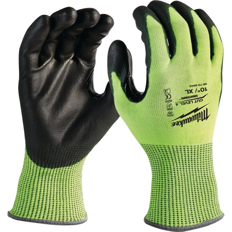 Milwaukee High Vis Polyurethane Coated Cut Level 4 Work Glove XL, Hi Vis Yellow &amp; Black