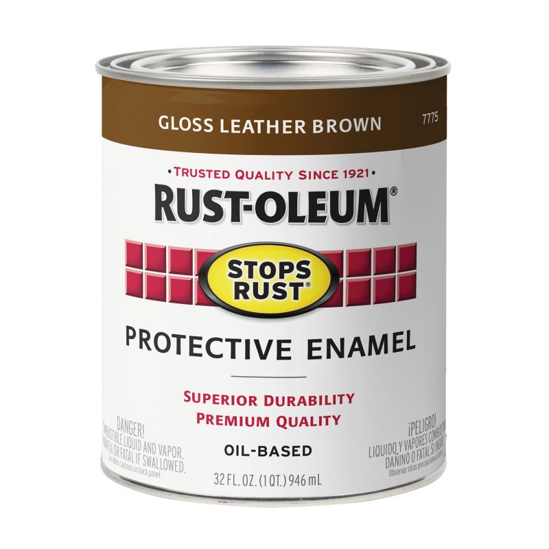 Rust-Oleum Stops Rust 7775502 Enamel Paint, Oil, Gloss, Leather Brown, 1 qt, Can, 50 to 90 sq-ft/qt Coverage Area Leather Brown
