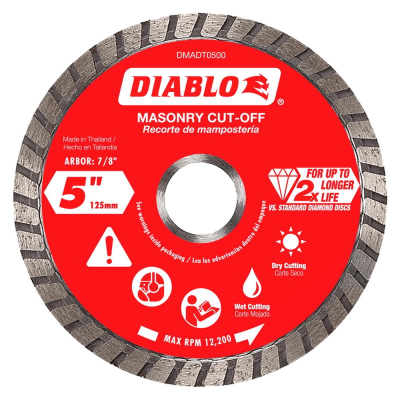 Diablo DMADT0500 Cut-Off Disc, 5 in Dia, 7/8, 5/8 in Arbor, Diamond Cutting Edge, Turbo Rim