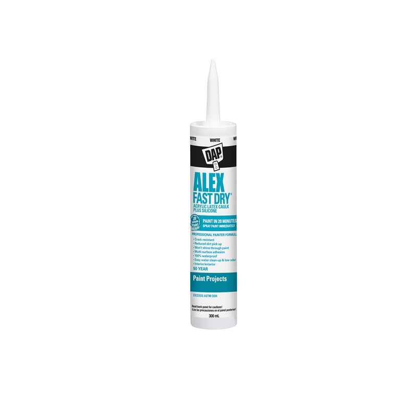 DAP ALEX FAST DRY 78425 Acrylic Latex Caulk Plus Silicone, White, 40 to 100 deg F, 300 mL Cartridge White