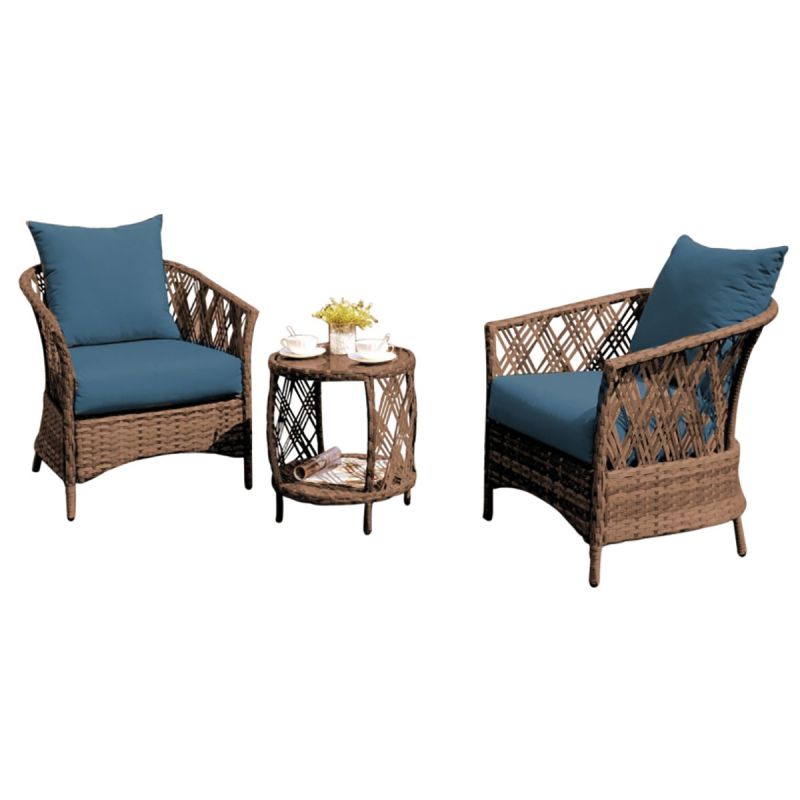 Seasonal Trends 59600 Bistro Bayside Wicker Chat Set, Brown with Blue Cushions, PE Wicker Brown With Blue Cushions
