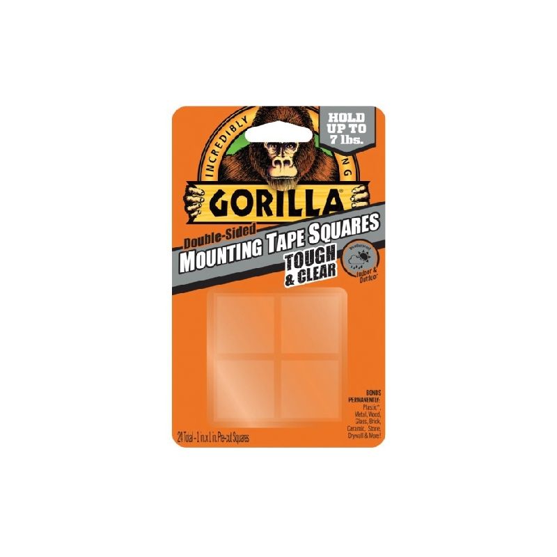 Gorilla Tough &amp; Clear 6067202 Mounting Tape, 1 in L, 1 in W, Clear Clear