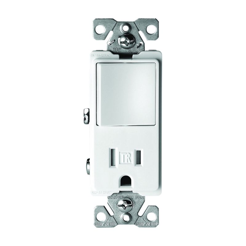 Eaton Cooper Wiring TR7730W Combination Switch/Receptacle, 1 -Pole, 15 A, 120/277 V, White White