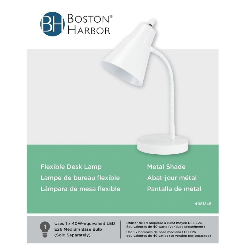 Boston Harbor TL-TB-170-WH-3L Flexible Desk Lamp, 120 V, 60 W, 1-Lamp, CFL Lamp, White Fixture, White White