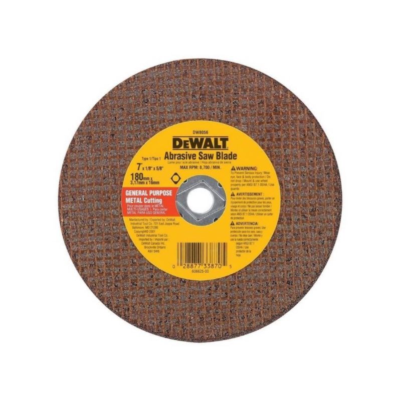 DeWALT DW8056 Abrasive Saw Blade, 7 in Dia, 0.045 in Thick, 5/8 in Arbor, Aluminum Oxide Abrasive