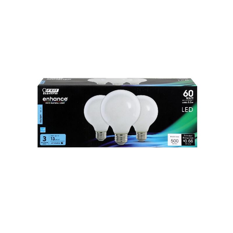 Feit Electric G2560W/950CA/FIL LED Bulb, Globe, G25 Lamp, 60 W Equivalent, E26 Lamp Base, Dimmable, Daylight Light