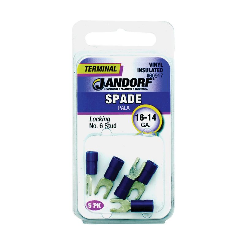 Jandorf 60917 Spade Terminal, 600 V, 16 to 14 AWG Wire, #6 Stud, Vinyl Insulation, Copper Contact, Blue Blue