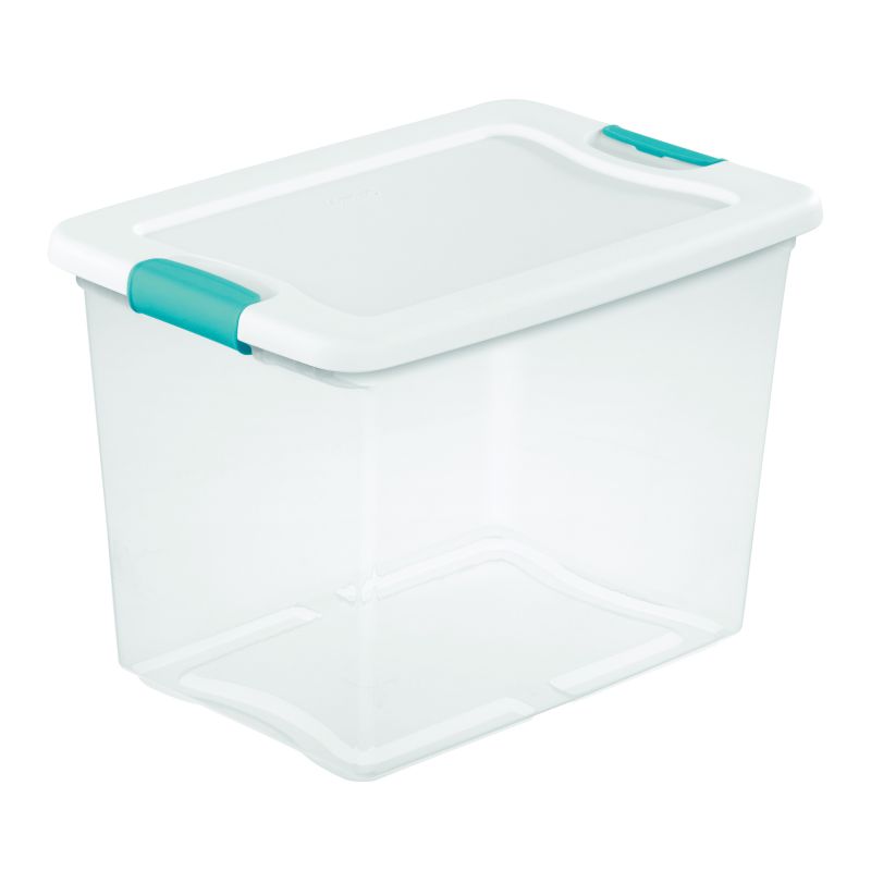 Sterilite 14958006 Latching Box, Plastic, Clear/White, 16-1/4 in L, 11-1/4 in W, 11-5/8 in H 25 Qt, Clear/White
