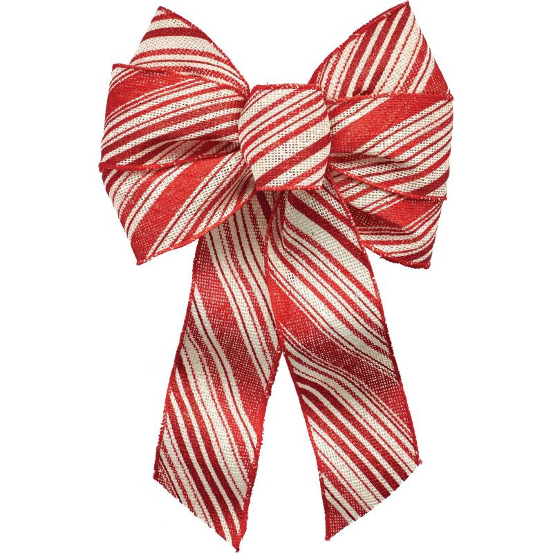 Holiday Trims 7-Loop Rustic Burlap Christmas Bow Red &amp; White Stripe (Pack of 12)