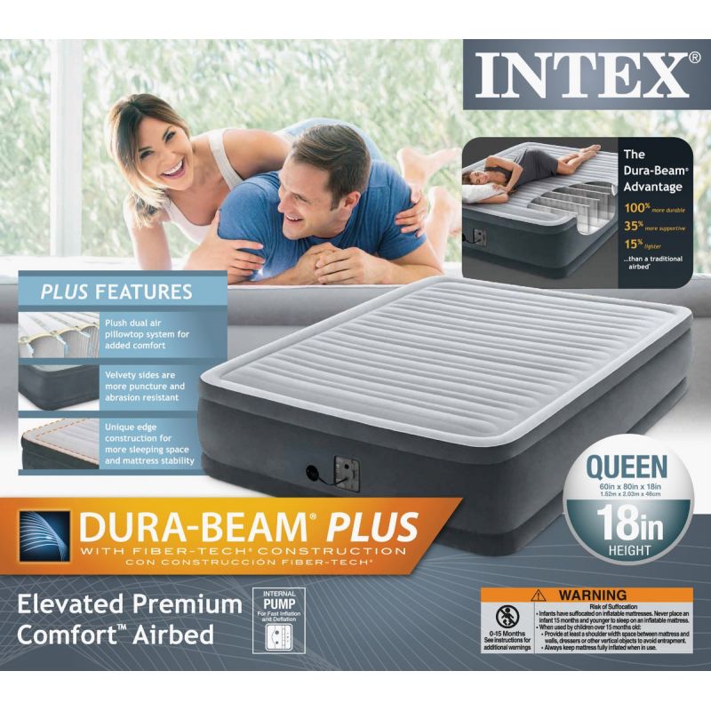 Intex Dura-Beam Plus Comfort-Plush Air Mattress Bed Queen, 600 Lb., Gray