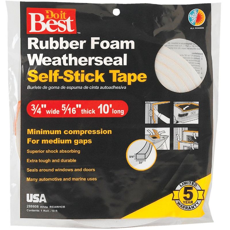 Do it Best Rubber Foam Weatherstrip Tape 3/4&quot; W X 5/16&quot; T X 10&#039; L, White