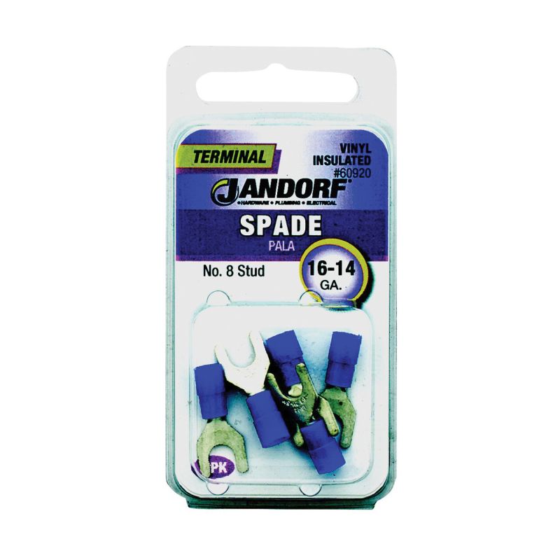 Jandorf 60920 Spade Terminal, 600 V, 16 to 14 AWG Wire, #8 Stud, Vinyl Insulation, Copper Contact, Blue Blue