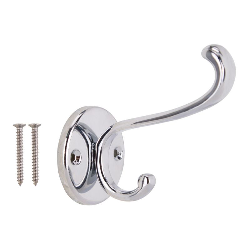 ProSource H-032-CH Coat and Hat Hook, 22 lb, 2-Hook, 1 in Opening, Zinc, Chrome Silver