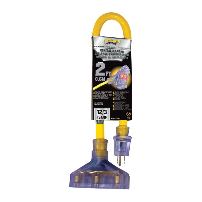 PowerZone ORADL611802 Contractor Extension Cord, 12 AWG Cable, 2 ft L, 125 V, Yellow