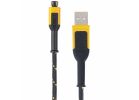 DeWALT 131 1322 DW2 Charger Cable, USB, USB-A, Kevlar Fiber Sheath, Black/Yellow Sheath, 6 ft L