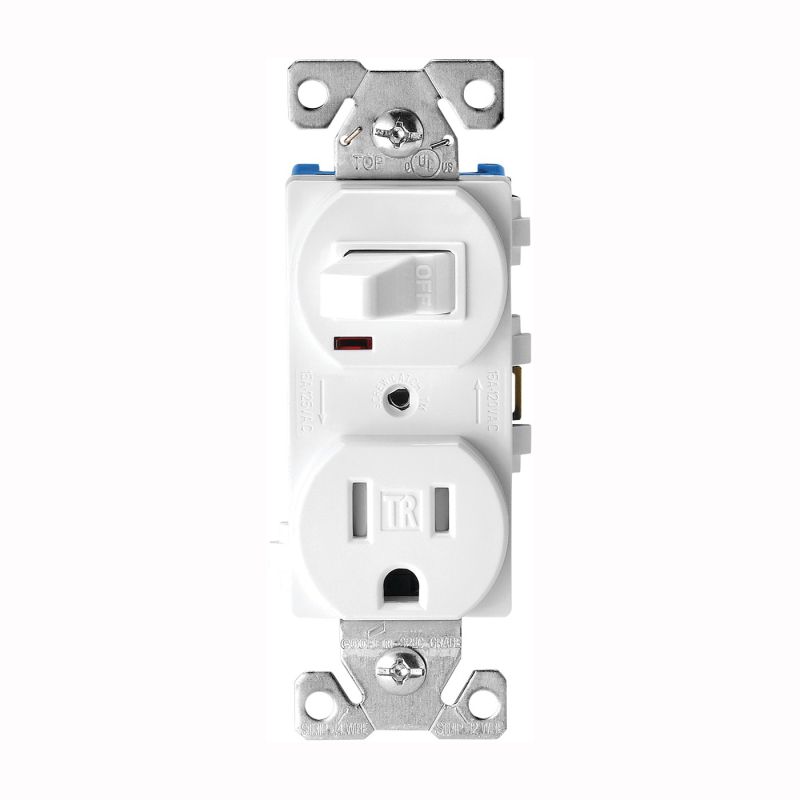 Eaton Cooper Wiring TR274W Combination Switch/Receptacle, 2 -Pole, 15 A, 120 V Switch, 125 V Receptacle, White White