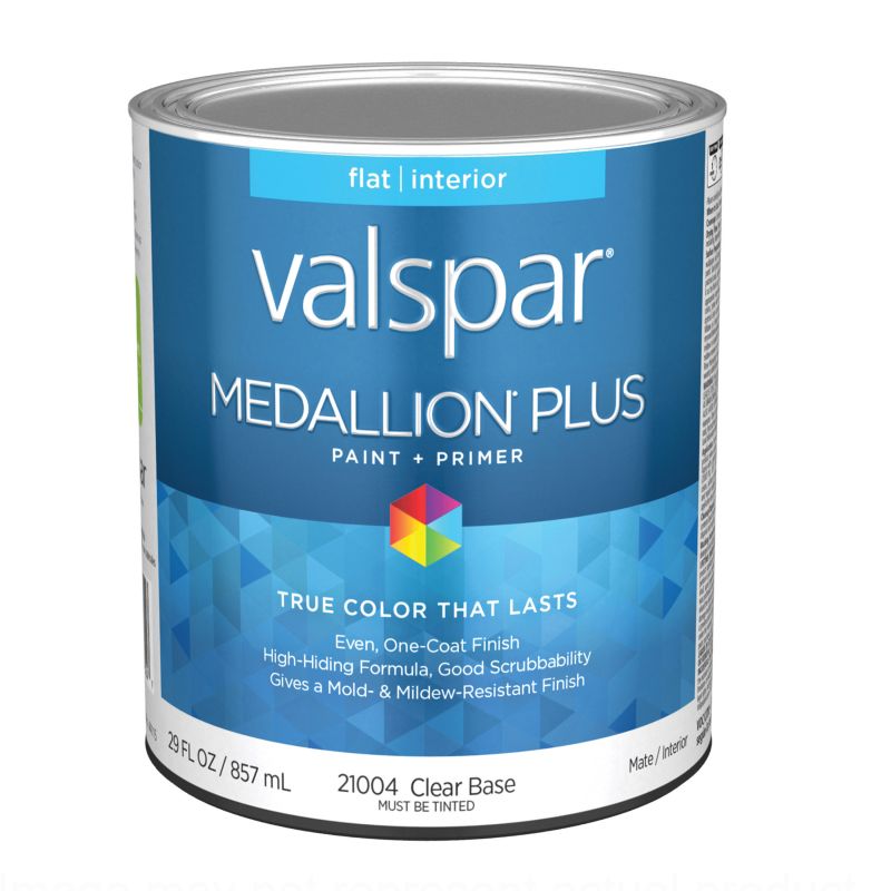 Valspar Medallion Plus 2100 05 Latex Paint, Acrylic Base, Flat Sheen, Clear Base, 1 qt, Plastic Can Clear Base