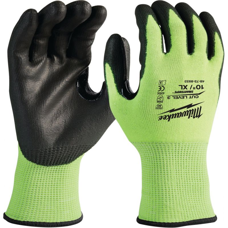 Milwaukee High Vis Polyurethane Coated Cut Level 3 Work Glove XL, Hi Vis Yellow &amp; Black