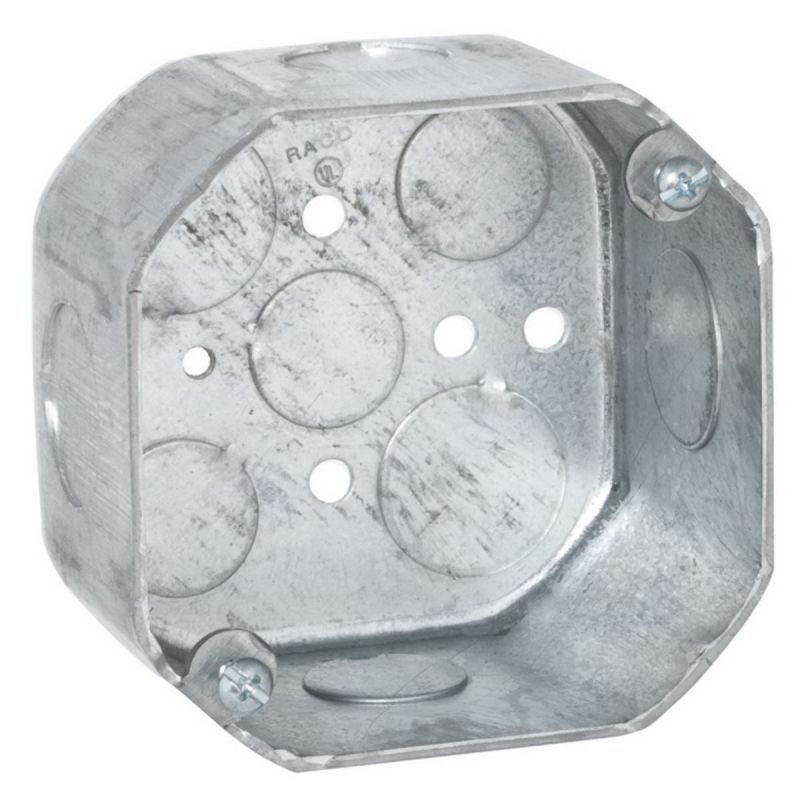Raco 167 Octagonal Box, 4 in OAW, 2-1/8 in OAD, 4 in OAH, 6-Gang, 9-Knockout, Steel Housing Material, Gray, Galvanized Gray