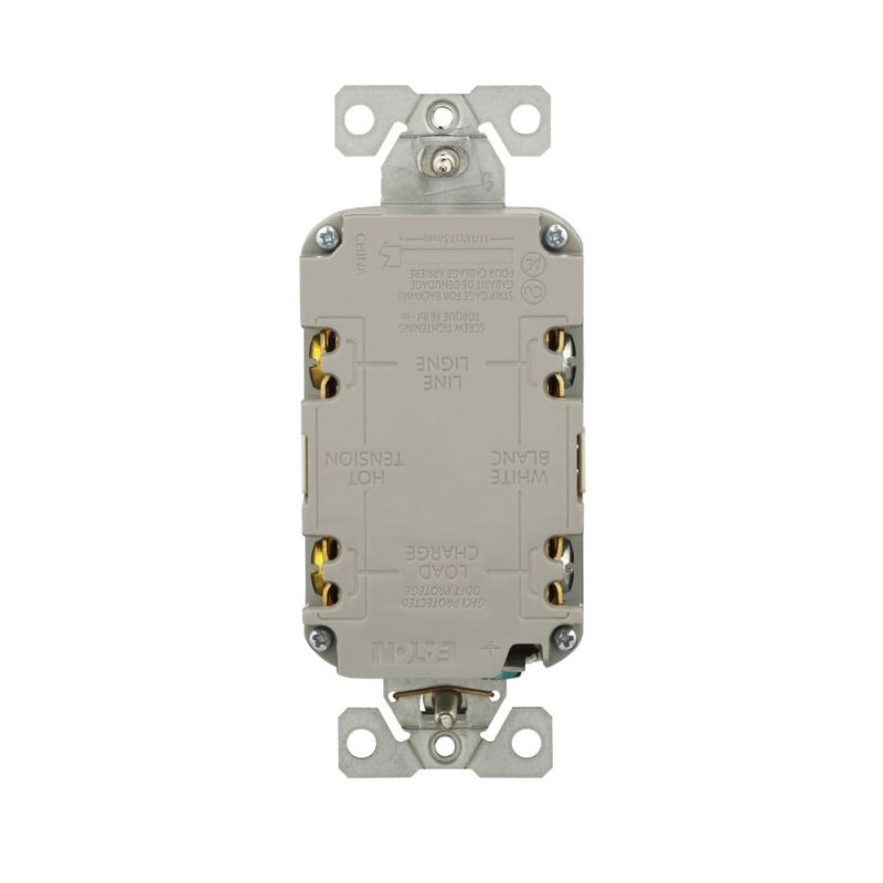 Eaton TRGF15LA Tamper-Resistant GFCI Receptacle, 125 V, 15 A, NEMA: NEMA 5-15R, Back, Side Wiring, Light Almond Light Almond