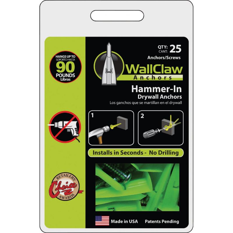 WallClaw Anchors Drywall Plastic Anchor #8 Thread, Green