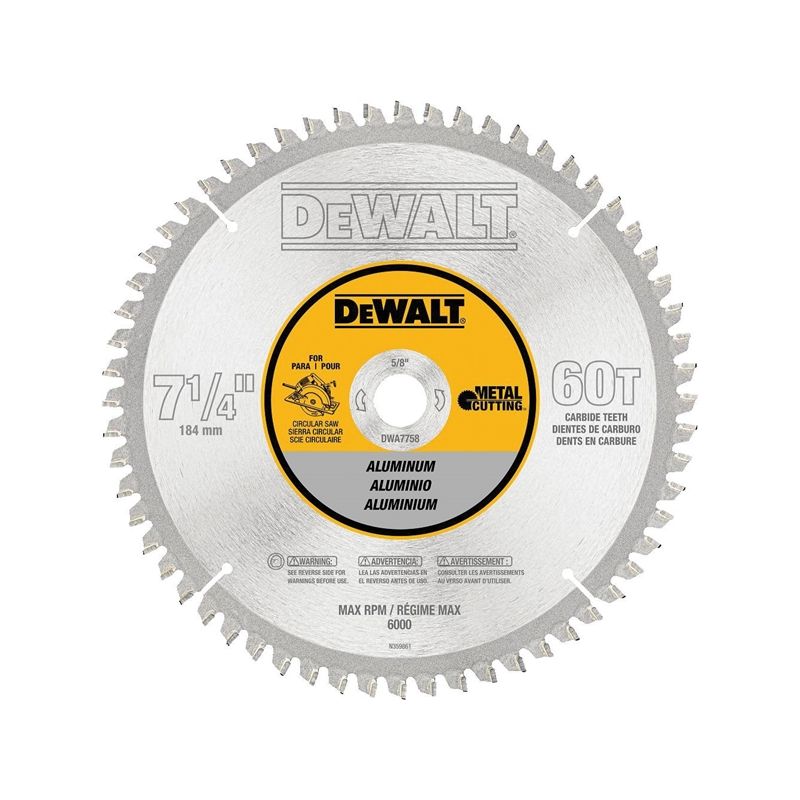 DeWALT DWA7758 Circular Saw Blade, 7-1/4 in Dia, 5/8 in Arbor, 60-Teeth, Carbide Cutting Edge