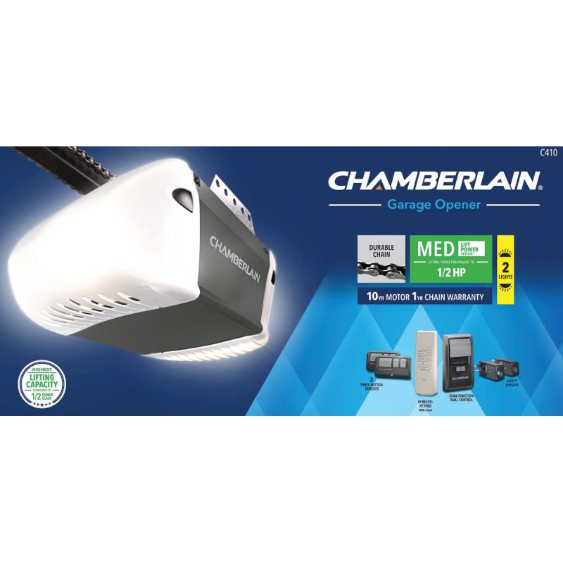 Chamberlain C-410 1/2 HP Durable Chain Drive Garage Door Opener With MED Lifting Power