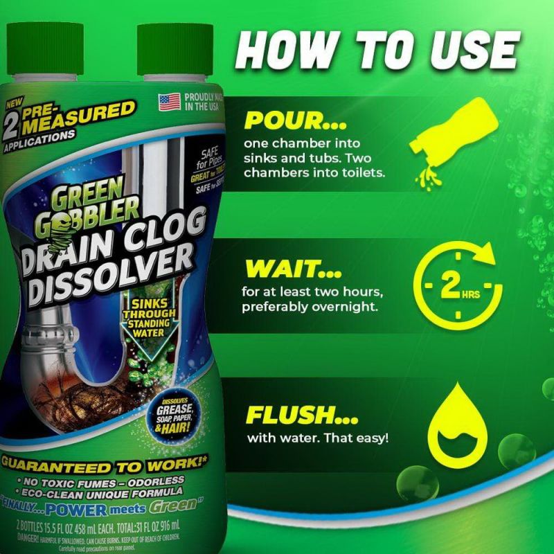 Green Gobbler G8615 Liquid Hair and Grease Clog Remover, Liquid, Colorless, Odorless, 32 oz Bottle Colorless
