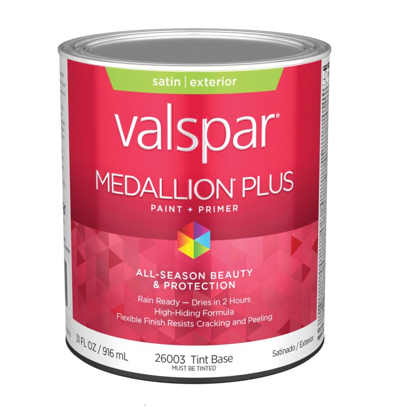 Valspar Medallion Plus 2600 05 Latex Paint, Acrylic Base, Satin Sheen, Tint Base, 1 qt, Plastic Can Tint Base