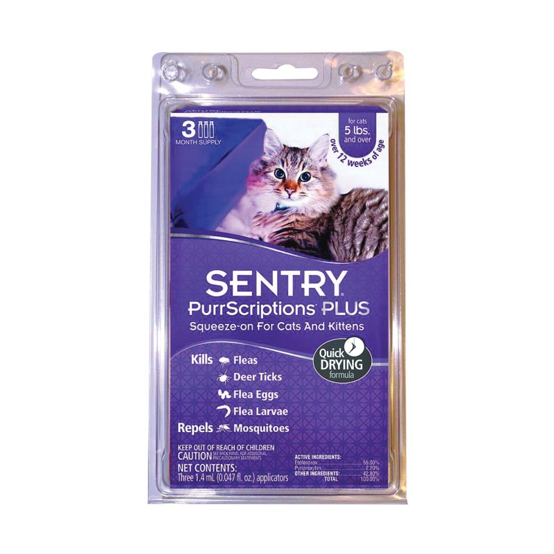 Sentry PurrScriptions Plus 01981 Flea and Tick Squeeze-On, Liquid, Mild Acetate, 3 Count Clear/Light Yellow