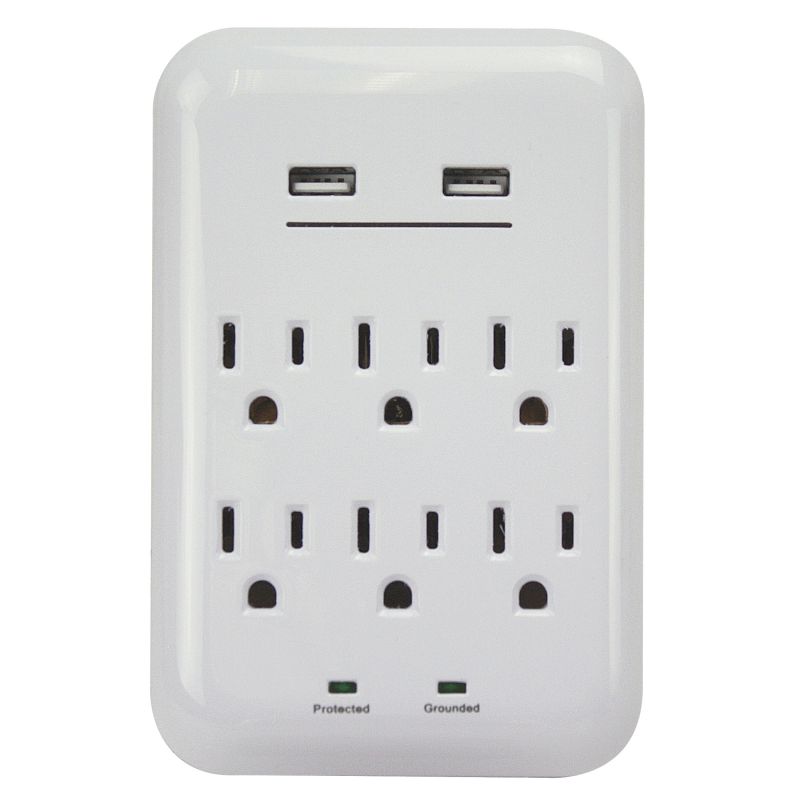 PowerZone ORUSB346S USB Charger with Surge Protection, 2-Pole, 125 V, 15 A, 6-Outlet, 1200 Joules Energy, White White