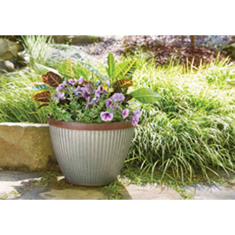 Southern Patio HDR-054795 Planter, 15 in Dia, 11 in H, Round, Resin, Rustic Galvanized, Silvery 15 In, Rustic Galvanized