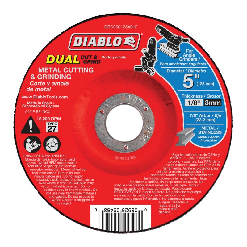 Diablo DBD050125X01F Cut and Grind Wheel, 5 in Dia, 1/8 in Thick, 7/8 in Arbor, Aluminum Oxide Abrasive