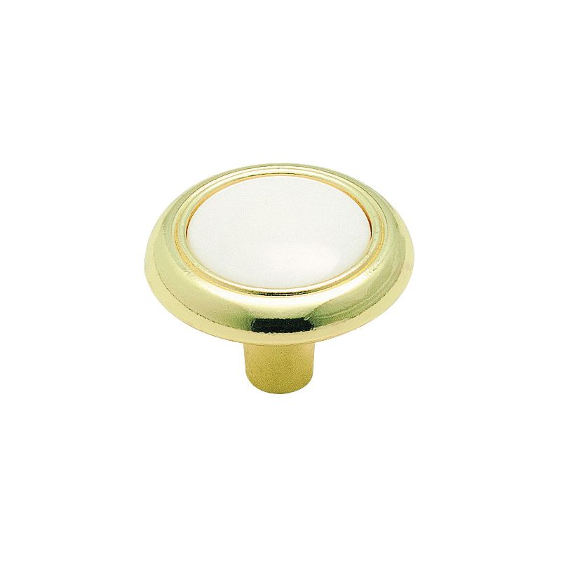 Amerock 244WPB Cabinet Knob, 15/16 in Projection, Plastic/Zinc, Polished Brass 1-1/4 In, White