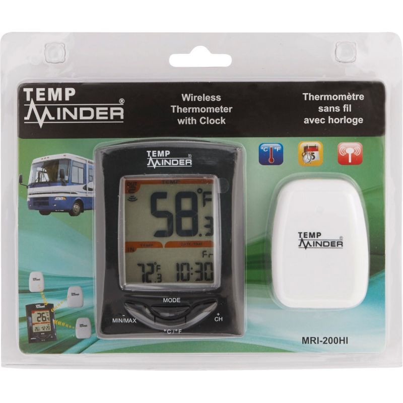 Temp Minder Wireless Indoor and Outdoor Thermometer with Clock Black/White