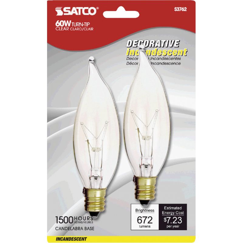 Satco 60W Candelabra CA10 Incandescent Decorative Light Bulb