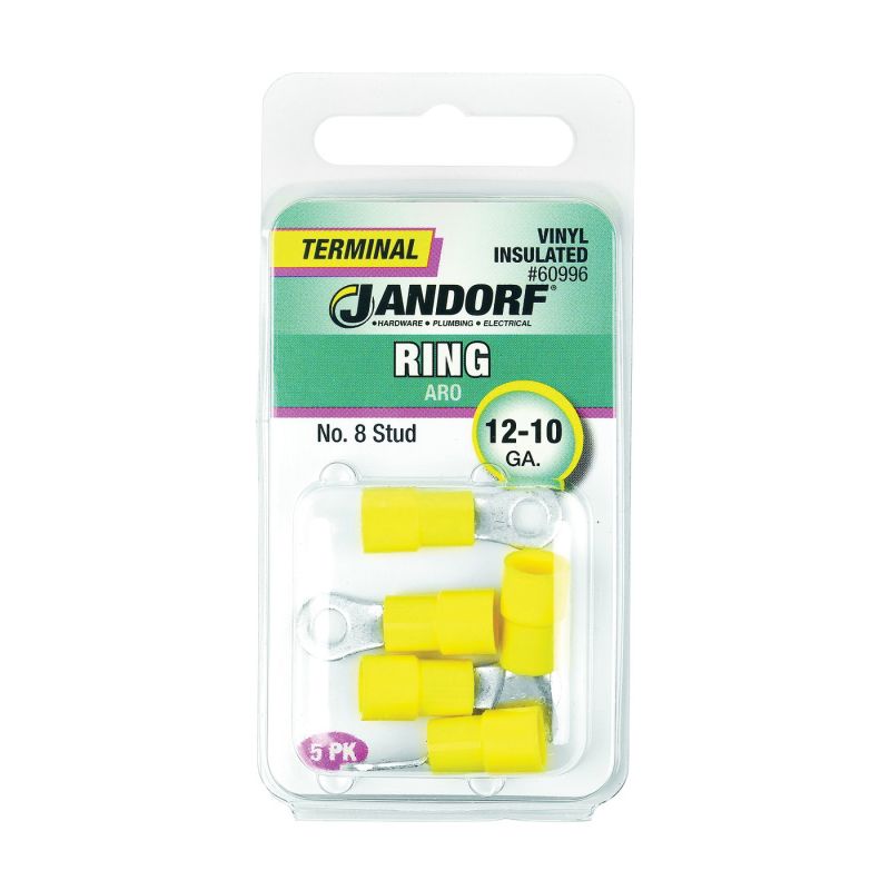 Jandorf 60996 Ring Terminal, 12 to 10 AWG Wire, #8 Stud, Vinyl Insulation, Copper Contact, Yellow Yellow