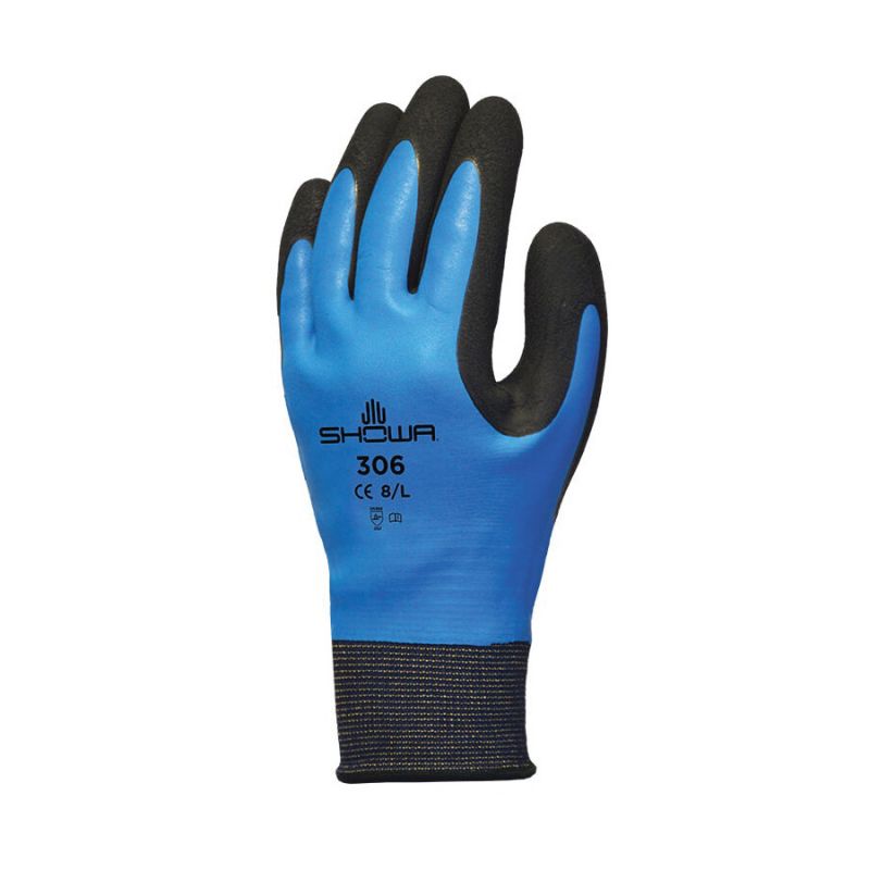 SHOWA 306S-06.RT Gloves, S, Elastic Cuff, Latex Coating, Black/Blue S, Black/Blue