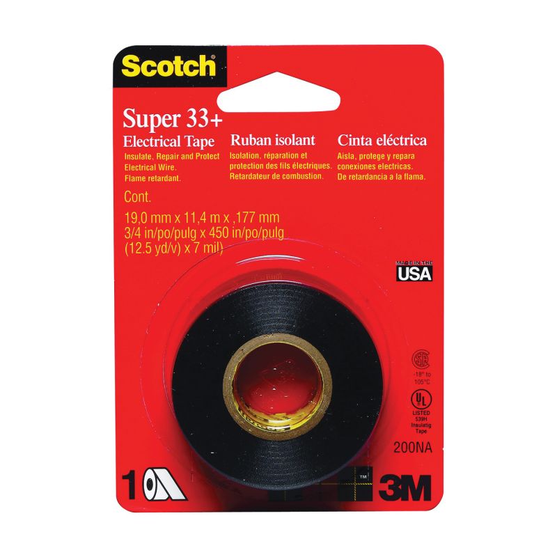 Scotch 200 Electrical Tape, 450 in L, 3/4 in W, PVC Backing, Black Black