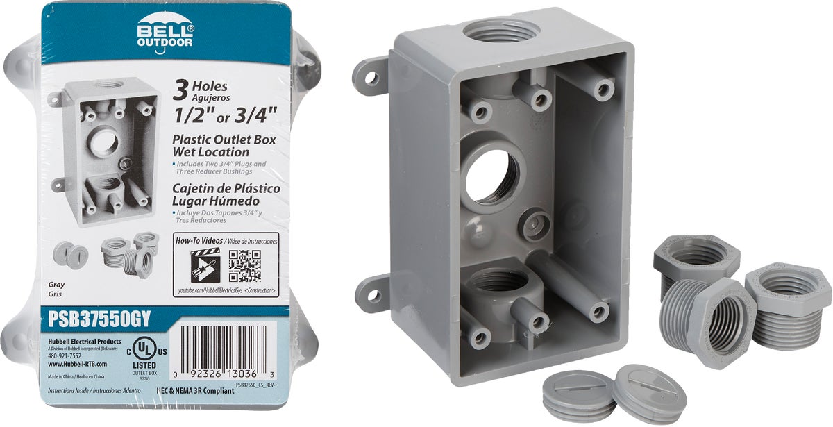 2 Gang Weatherproof Electrical Outlet Box with Three 1/2 in Gray Holes 