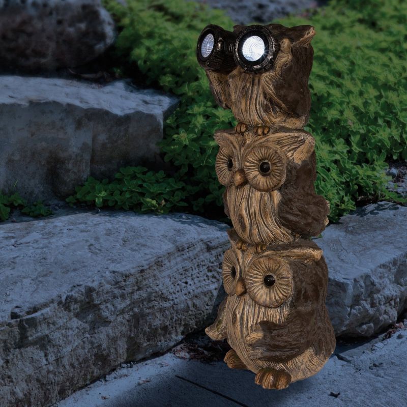 Alpine 3-Owl Lawn Statue with LED Binoculars Brown