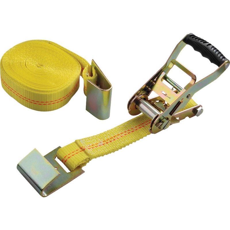 ProSource FH64065 Tie-Down, 2 in W, 27 ft L, Polyester Webbing, Metal Ratchet, Yellow, 3333 lb, Flat Hook End Fitting Yellow